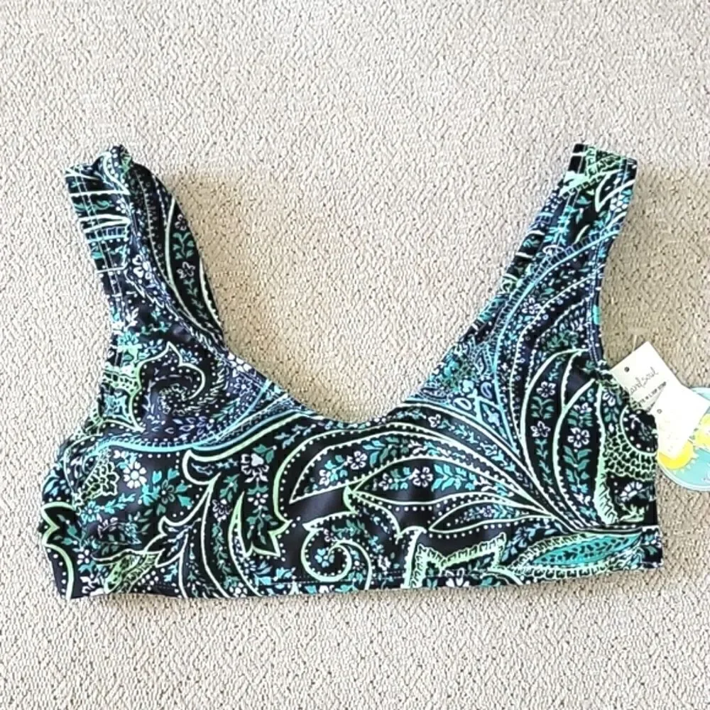 Island Soul Black Blue Green Paisley Bralette Swimsuit Bikini Top- Size Small